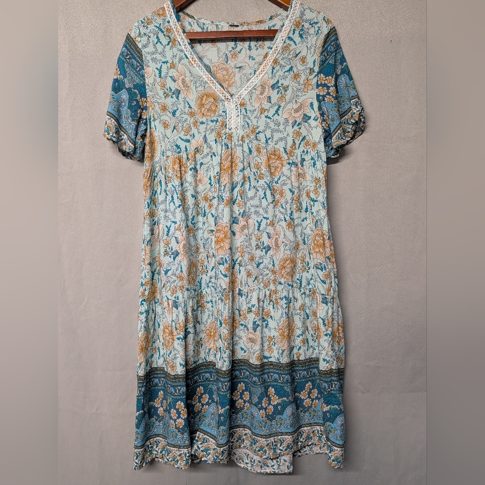 Bohemian Floral V-Neck Women’s Tunic Dress - Blue & Tan